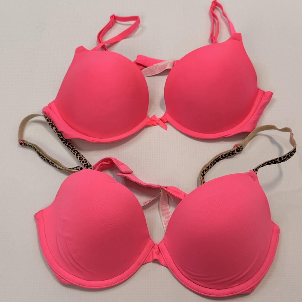 PINK Bra Set Womens 36B Neon Pink Push Up Underwire Lot Of 2 Bow Microfiber